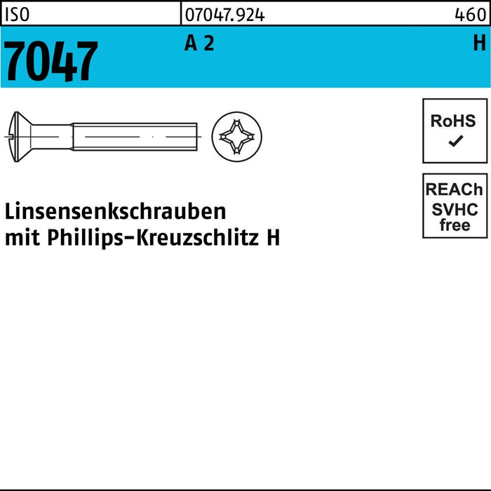 Linsensenkschraube ISO 7047 PH M3x 30-H A 2 500 Stück