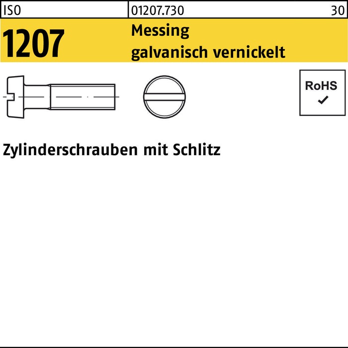 Zylinderschraube ISO 1207 Schlitz M3x16 Messing galv. vernickelt 200St.