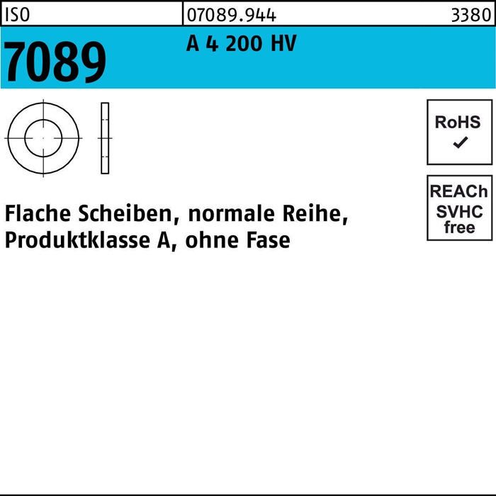 Unterlegscheibe ISO 7089 o.Fase 10 A 4 200 HV 100 Stück
