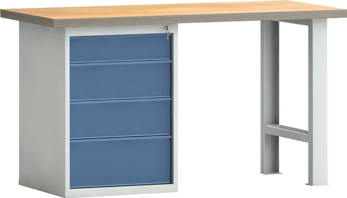 Werkbank PW700 B1500xT700xH840mm Buche Multiplex lichtgrau/brillantblau 4Schubl.