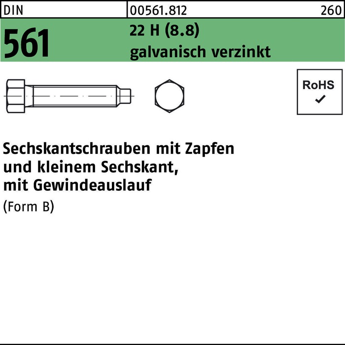 Sechskantschraube DIN 561 Zapfen BM 8x20 22 H (8.8) galv.verz. 100St.