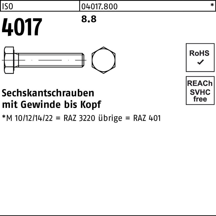 Sechskantschraube ISO 4017 VG M4x 12 8.8 500 Stück
