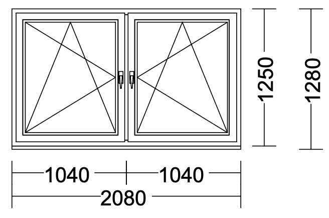 Kunststofffenster (2080x1250), 2-tlg., DKL/DKR, Softline 76 MD beidseitig weiß, Dichtung schwarz TGI schwarz, Ug = 1,1 FBA 30 mm mittig