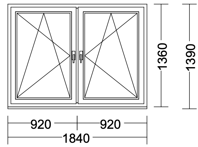 Kunststofffenster (1840x1360), 2-tlg., DKL/DKR, Softline 76 MD beidseitig weiß, Dichtung schwarz TGI schwarz, Ug = 1,1 FBA 30 mm mittig