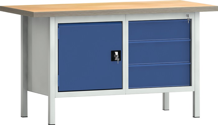 Werkbank PW 700 B1500xT700xH840mm Buche Multiplex lichtgrau/blau 3 Schubl.1 Tür
