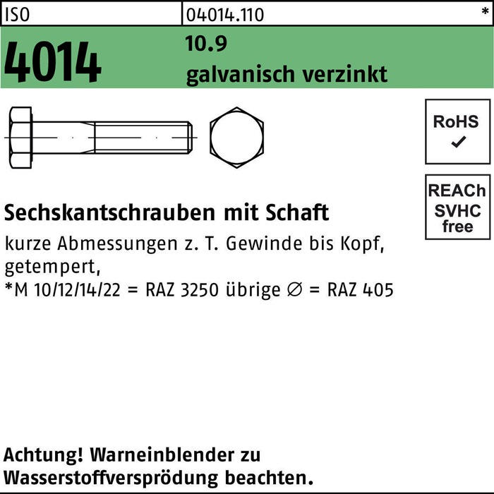 Sechskantschraube ISO 4014 Schaft M20x 80 10.9 galv.verz. 25 Stück