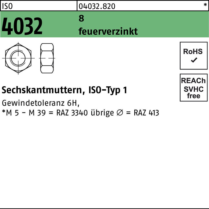 Sechskantmutter ISO 4032 M36 8 feuerverz. 10 Stück
