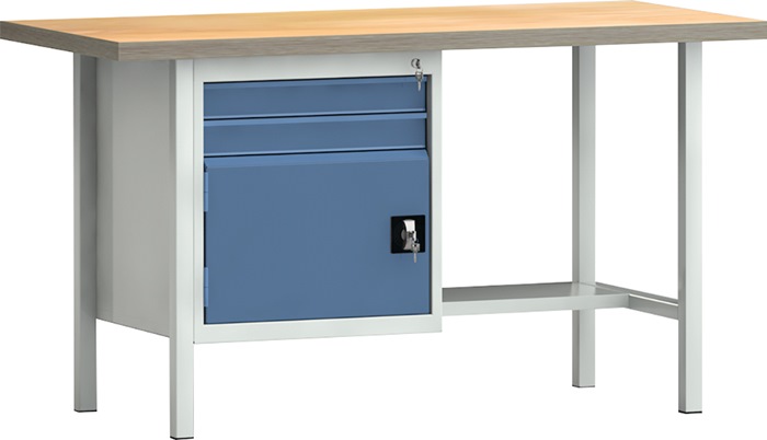 Werkbank PW 700 B1500xT700xH840mm Buche Multiplex grau/brillantblau 2Schubl.1Tür