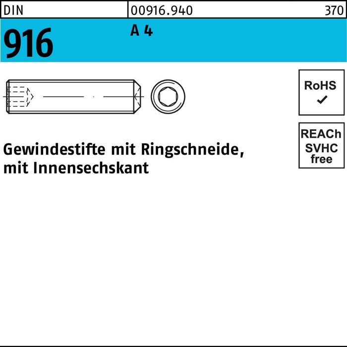 Gewindestift DIN 916 Ringschn./Innen-6kt M12x 25 A 4 50 Stück