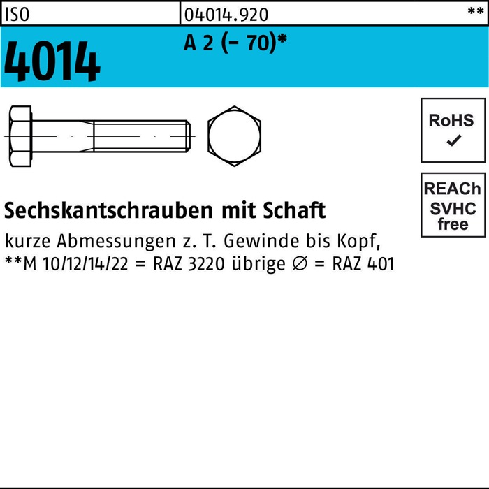 Sechskantschraube ISO 4014 Schaft M16x 75 A 2 (- 70) 25 Stück