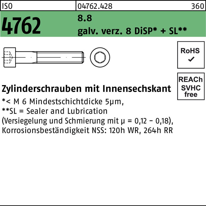 Zylinderschraube ISO 4762 Innen-6kt M6x35 8.8 galv.verz. 8 DiSP+SL 200St.