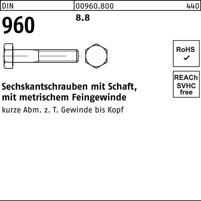 Sechskantschraube DIN 960 Schaft M12x1,25x 50 8.8 100 Stück