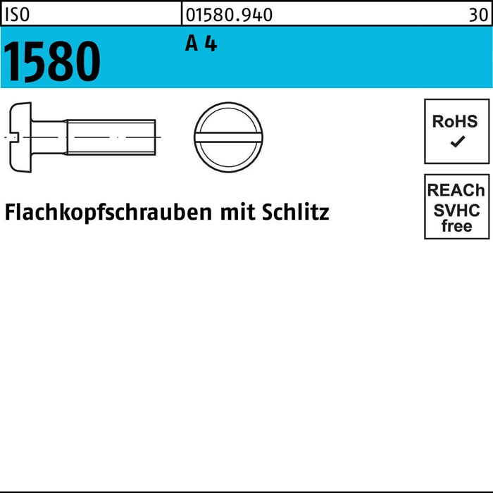 Flachkopfschraube ISO 1580 Schlitz M6x 10 A 4 200 Stück