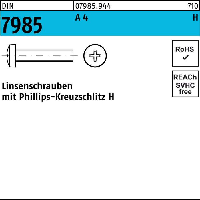 Linsenschraube DIN 7985 PH M6x 10-H A 4 200 Stück
