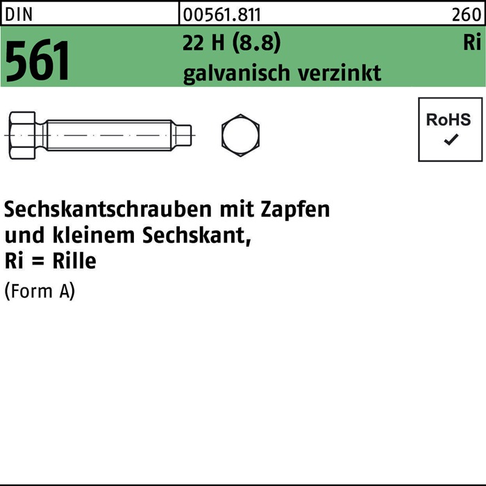Sechskantschraube DIN 561 Zapfen AM 8x20 22 H (8.8) galv.verz. 100St.