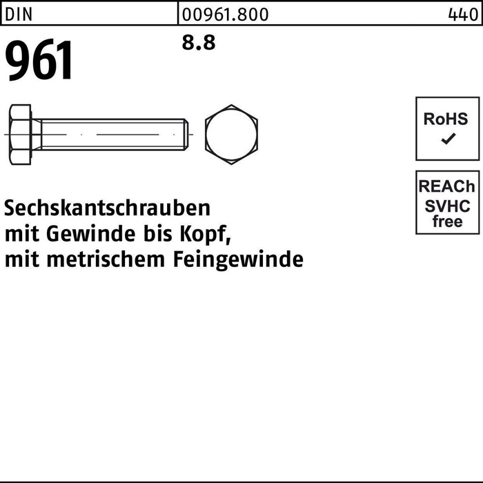 Sechskantschraube DIN 961 VG M20x1,5x 45 8.8 25 Stück