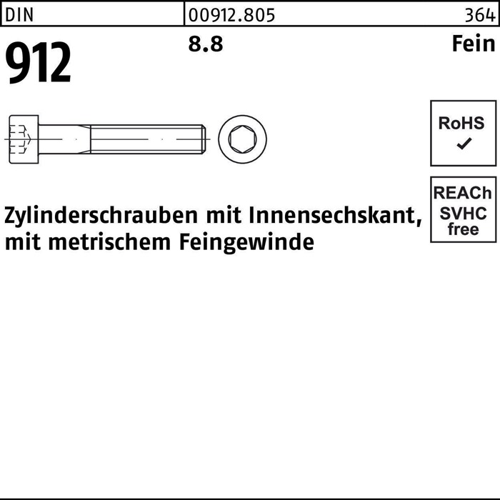 Zylinderschraube DIN 912 Innen-6kt M12x1,5x 25 8.8 100 Stück