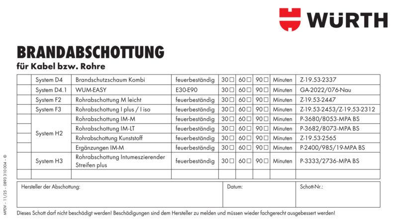 Kennzeichnungsschild Brandabschottung für Kabel, Rohre und elektrische Leitungen