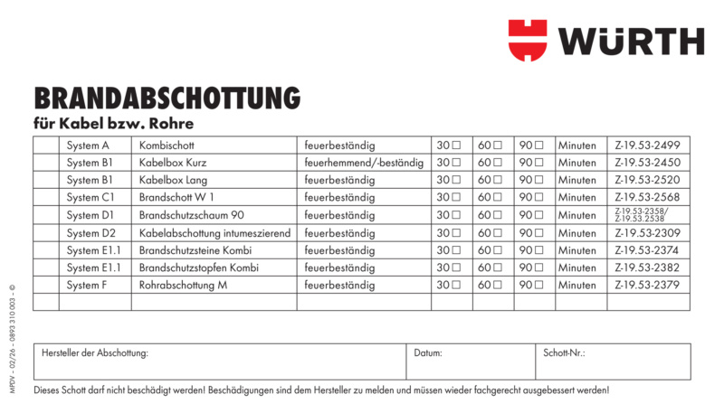Kennzeichnungsschild Brandabschottung für Kabel, Rohre und elektrische Leitungen