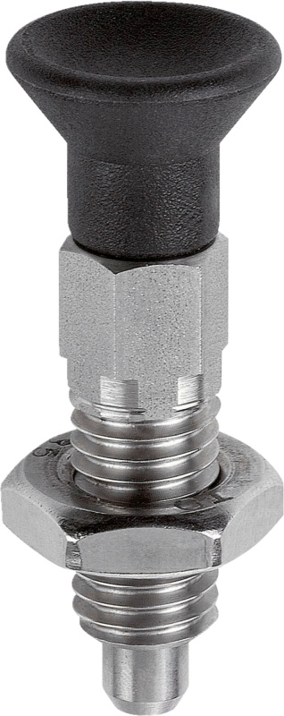 Arretierbolzen Stahl, Pilzkopf aus Polyamid, ohne Rastnut mit Kontermutter