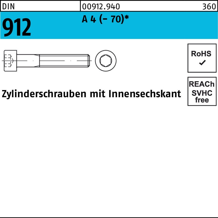Zylinderschraube DIN 912 Innen-6kt M4x 14 A 4 (- 70) 200 Stück