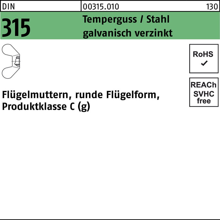 Flügelmutter DIN 315 runde FormM12 Temperguss/Stahl galv.verz. 50St.