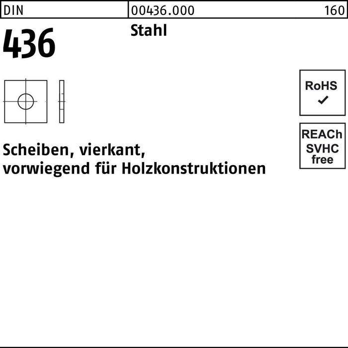 Unterlegscheibe DIN 436 vierkant 22x 60x 5 Stahl 50 Stück