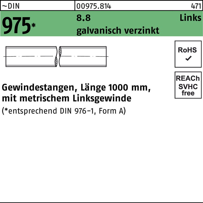 Gewindestange DIN 975 links M16 -LHx 1000mm 8.8 galv.verz. 1 Stück