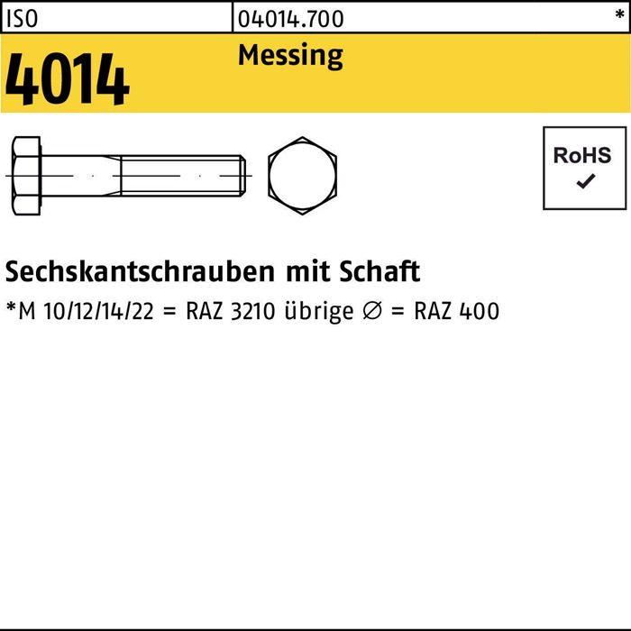 Sechskantschraube ISO 4014 Schaft M8x 60 Messing 100 Stück