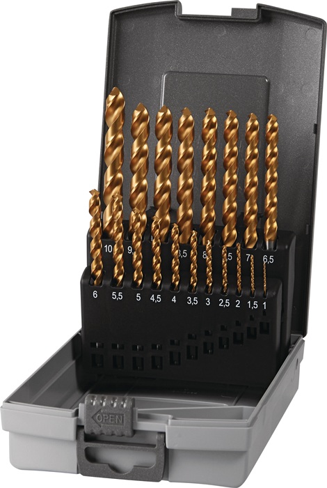 Spiralbohrersatz DIN 338 Typ UNI D.1-10x0,5mm HSS-Co TiN 19-tlg.Ku.-Kass.TECWERK