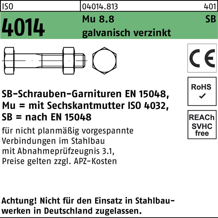 Sechskantschraube ISO 4014 Schaft/Mutter M27x100 Mu 8.8 galv.verz. SB 10St.