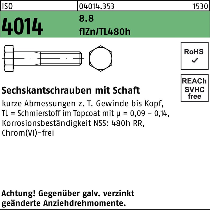 Sechskantschraube ISO 4014 Schaft M8x75 8.8 flZnnc 480h-L 200St.