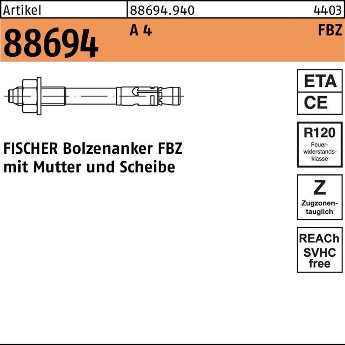 Bolzenanker R 88694 FBZ 12/20 A 4 20 Stück FISCHER