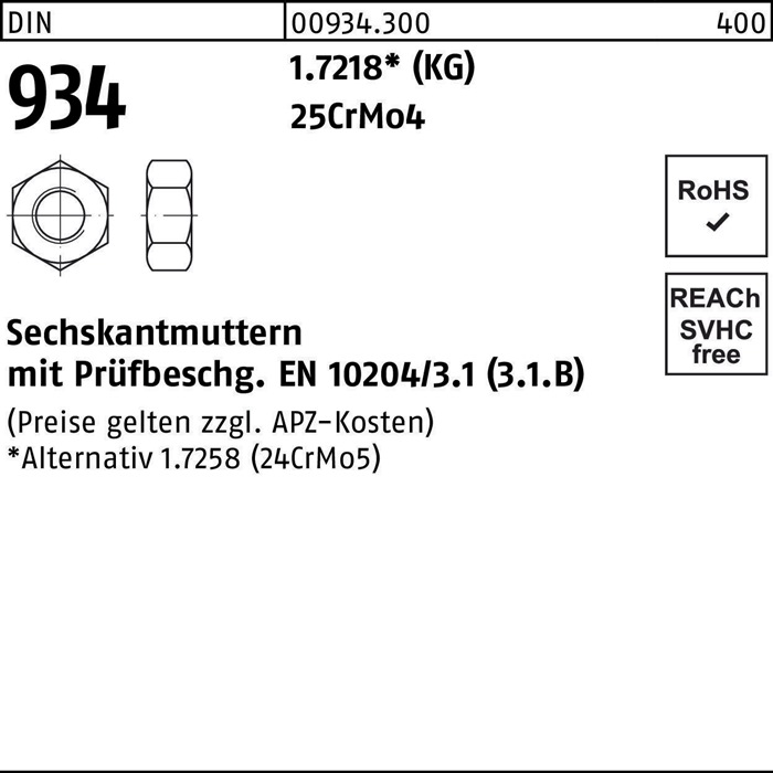 Sechskantmutter DIN 934 M 12 25CrMo4 100 Stück