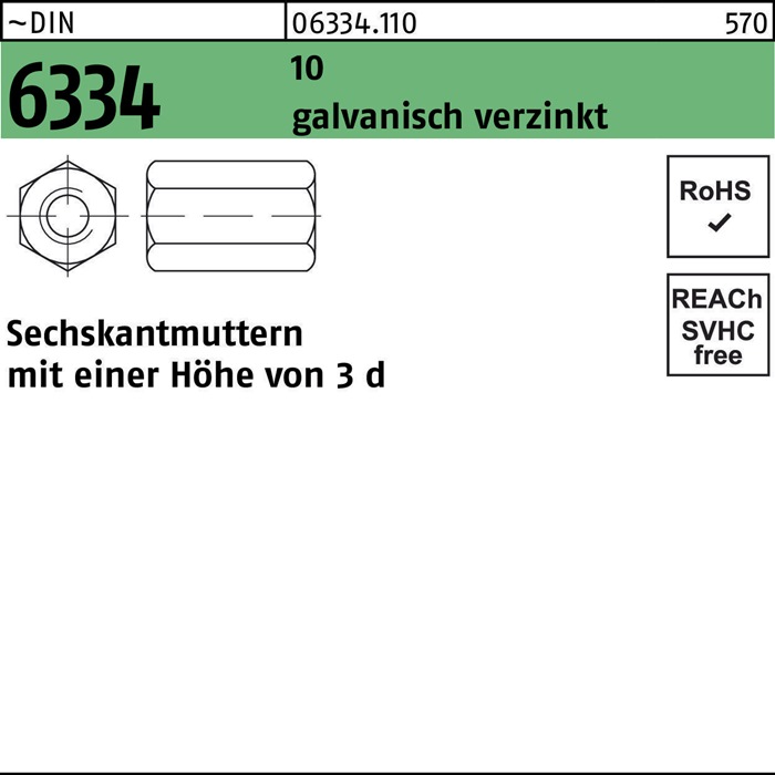 Sechskantmutter DIN 6334 M20 SW 30 10 galv.verz. 25 Stück