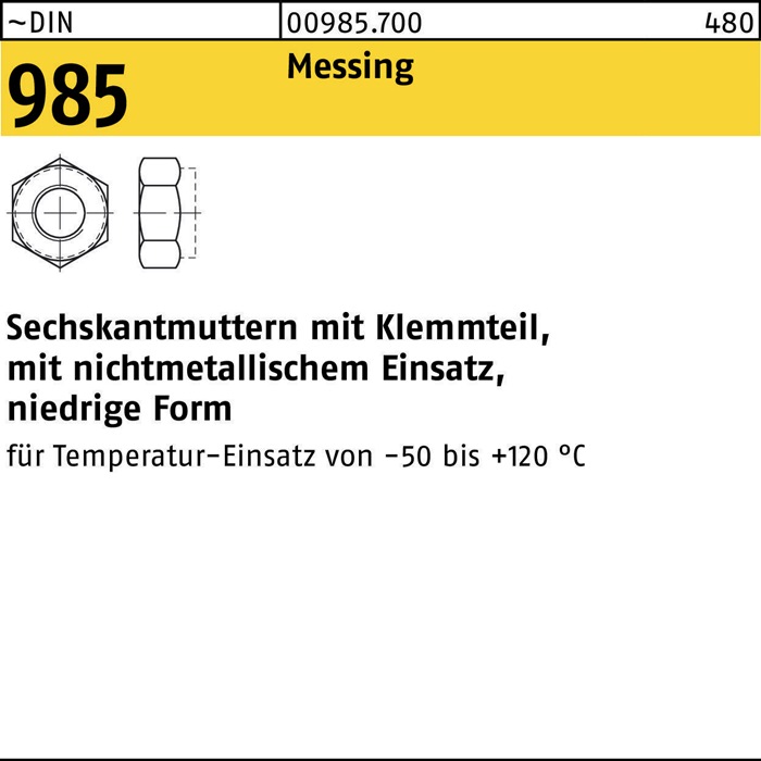 Sechskantmutter DIN 985 Klemmteil M4 Messing 100 Stück