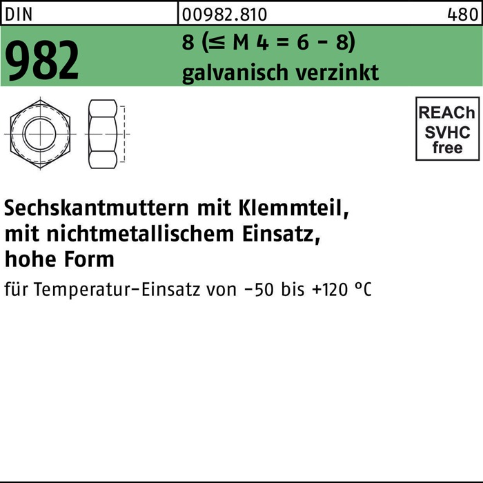 Sechskantmutter DIN 982 Klemmteil M8 8 (= M4 = 6-8) galv.verz. 1000St.