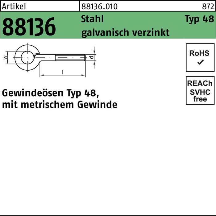 Gewindeöse R 88136 Typ 48 M12x100 D 18 Stahl galv.verz. 25 Stück