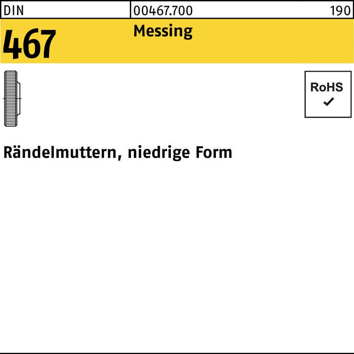 Rändelmutter DIN 467 niedrige FormM6 Messing 50 Stück