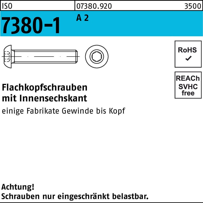 Flachkopfschraube ISO 7380-1 Innen-6kt M6x 16 A 2 500 Stück