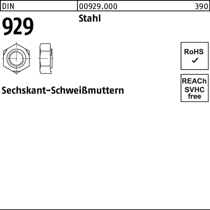 Sechskantanschweißmutter DIN 929 M6 Stahl 250 Stück