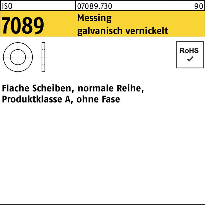 Unterlegscheibe ISO 7089 o.Fase 6 Messing galv. vernickelt 1000 Stück