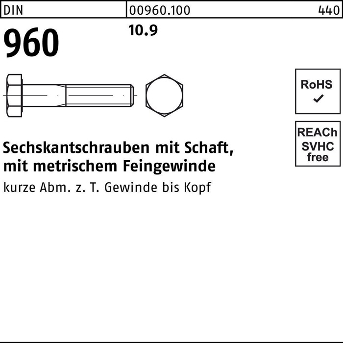 Sechskantschraube DIN 960 m.Schaft M 36 x3 x120 10.9 5 Stück
