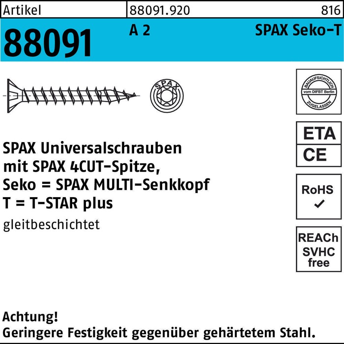 Schraube R 88091 SEKO T-STAR 5x 30/24-T20 A 2 200 Stück SPAX