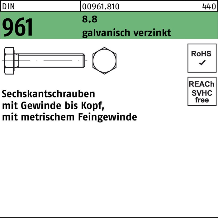Sechskantschraube DIN 961 VG M16x1,5x100 8.8 galv.verz. 25 Stück