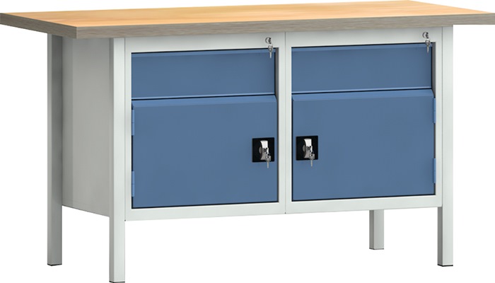Werkbank PW 700 B1500xT700xH840mm Buche Multiplex grau/blau 2 Schubl.2 Türen