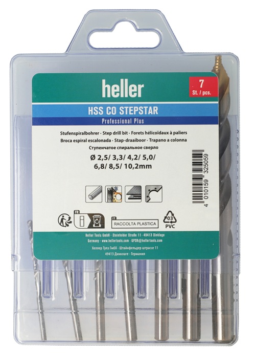 Metallbohrer-Set DIN 338 Stepstar D.2,5-10,2 HSS-Co TiN 7-tlg.Multibox HELLER