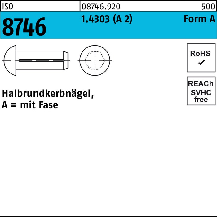 Halbrundkerbnagel ISO 8746 Fase 3x 5 1.4303 (A 2) 100 Stück
