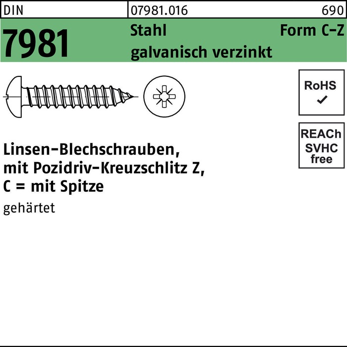 Blechschraube DIN 7981 LIKO PZ 2,9x 9,5 -C-Z Stahl galv.verz. Spitze 100St.