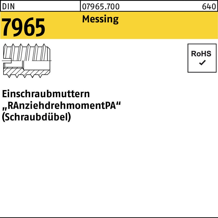 Einschraubmutter DIN 7965 M12x 30 Messing 50 Stück